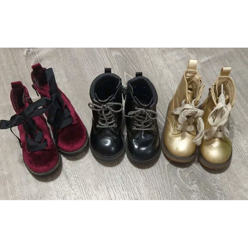 3 Pair Of Cat And Jack Infant‎ Girls Black, Gold & Maroon Combat Boots Size 5